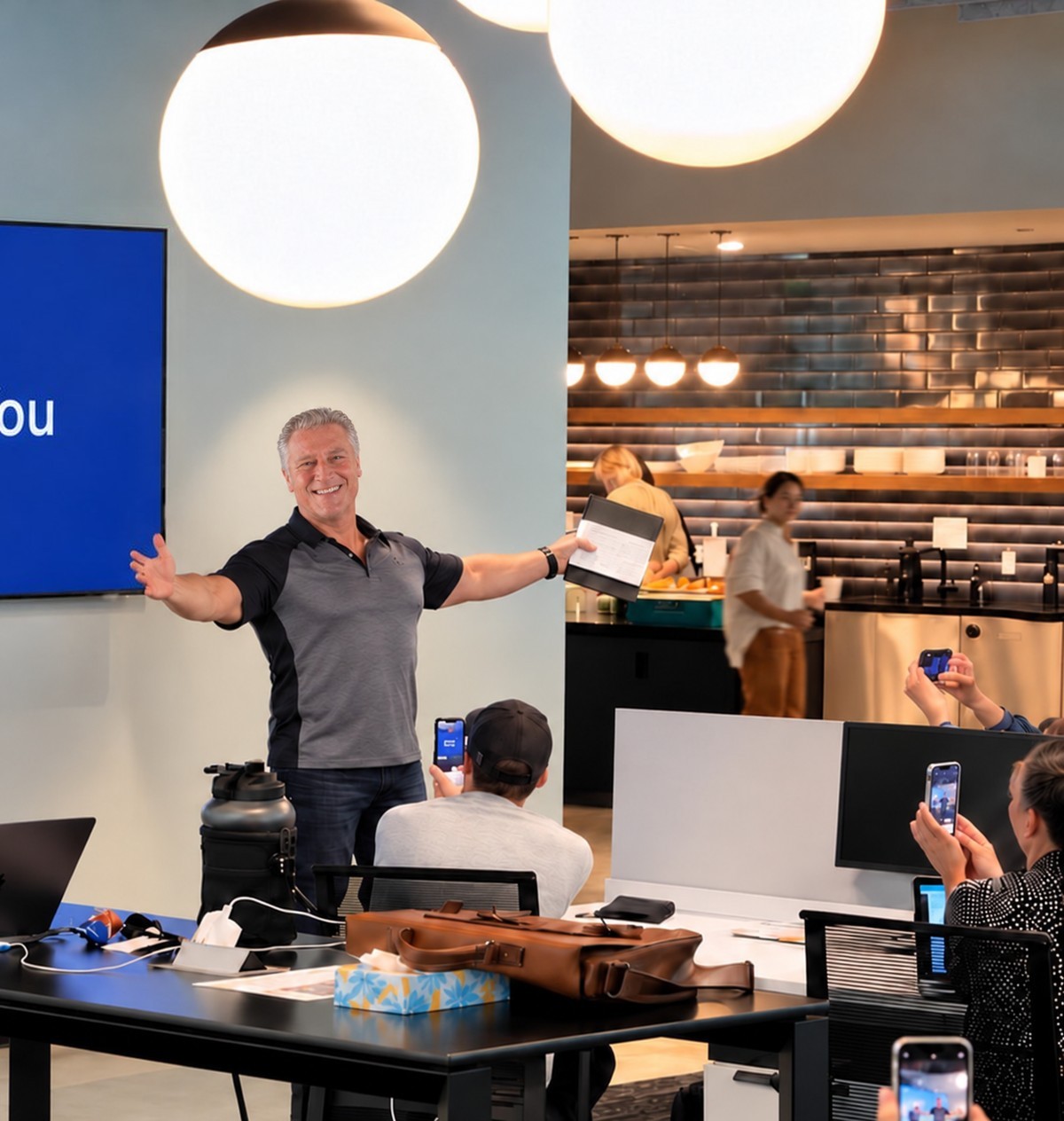 Sean Purcell smiling with his arms stretched wide at the end of a workshop while people in the room take photos